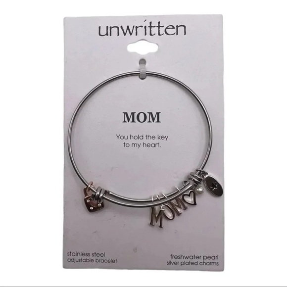 Mom Adjustable Bangle Bracelet Stainless Steel w/ Silver Plated Charms - Picture 2 of 3
